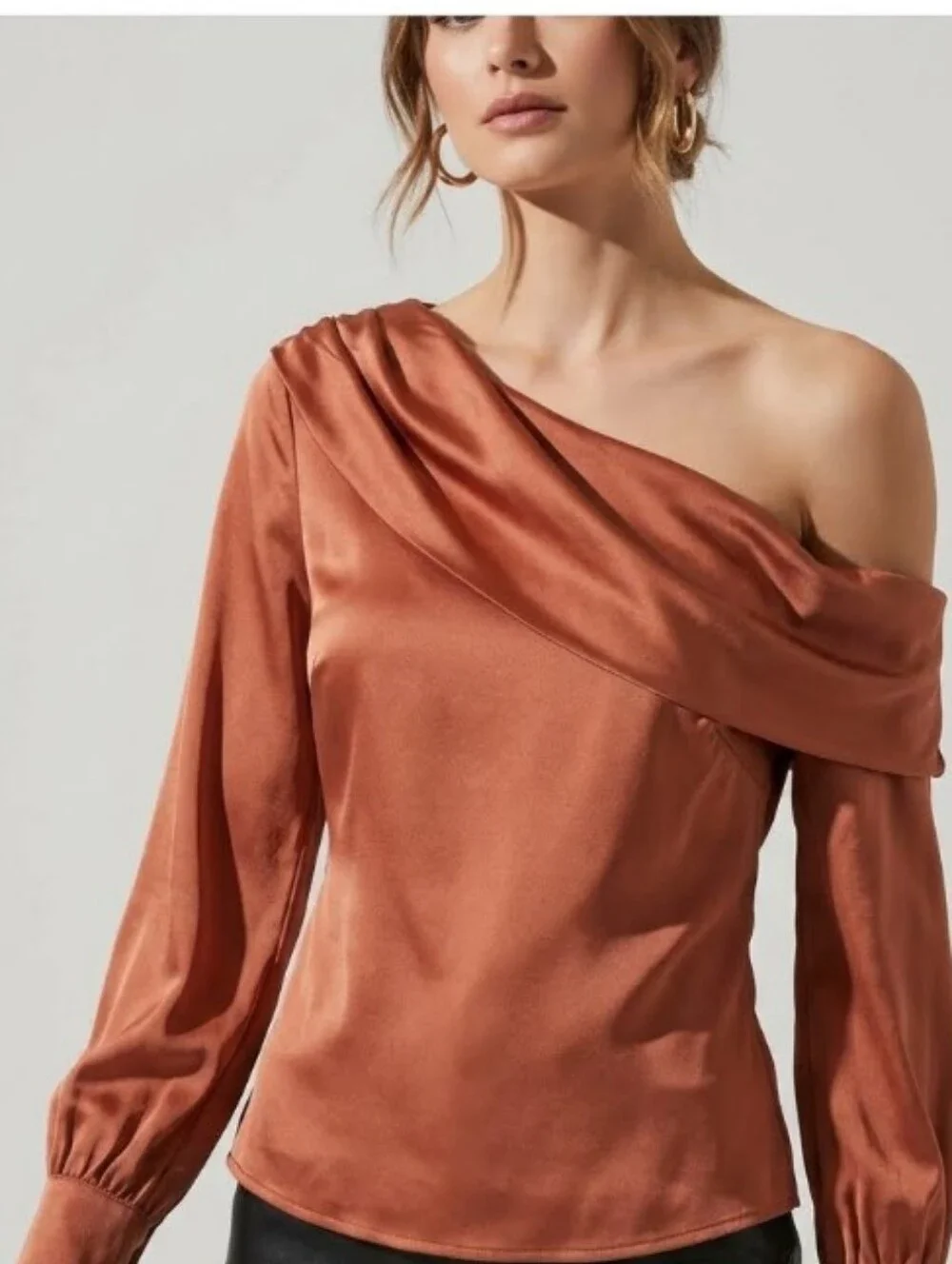 Astr Off-Shoulder Satin Blouse in Rust Copper